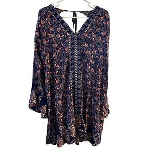 Umgee USA Navy Blue Paisley Boho Bell Sleeve Mini Dress Back Cutout XL WG0492